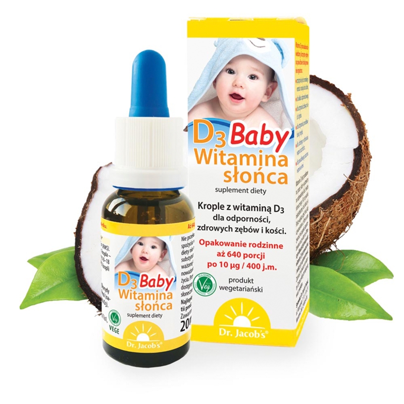 Dr.Jacobs Witamina słońca D3 Baby, krople ze składnikami wspierającymi odporność, zdrowe zęby i kości, 20 ml