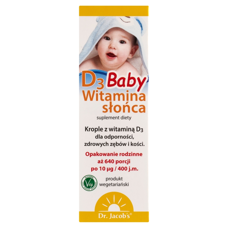 Dr.Jacobs Witamina słońca D3 Baby, krople ze składnikami wspierającymi odporność, zdrowe zęby i kości, 20 ml