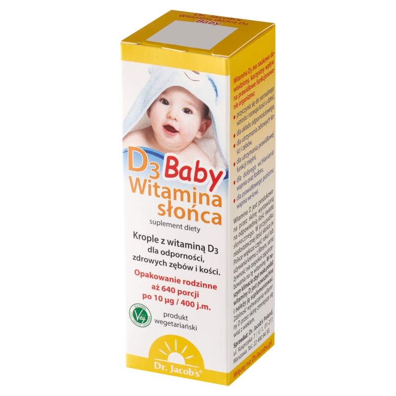 Dr.Jacobs Witamina słońca D3 Baby, krople ze składnikami wspierającymi odporność, zdrowe zęby i kości, 20 ml