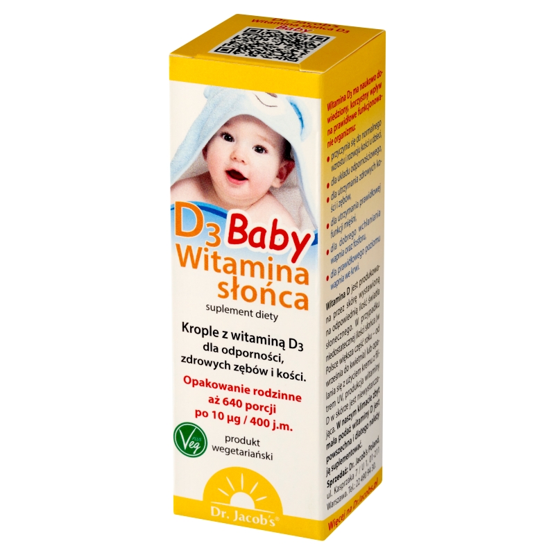 Dr.Jacobs Witamina słońca D3 Baby, krople ze składnikami wspierającymi odporność, zdrowe zęby i kości, 20 ml
