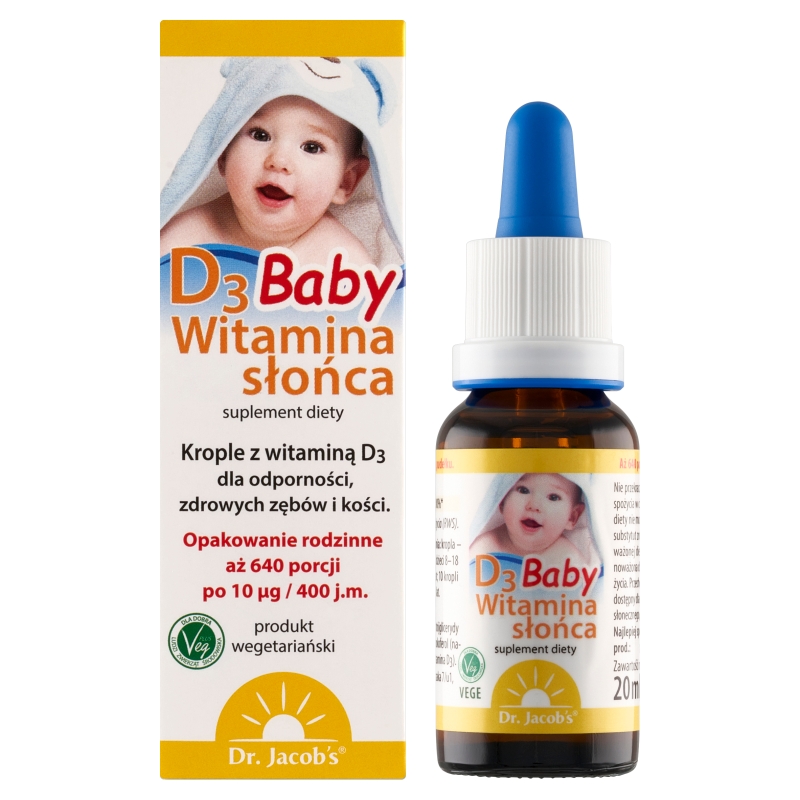 Dr.Jacobs Witamina słońca D3 Baby, krople ze składnikami wspierającymi odporność, zdrowe zęby i kości, 20 ml