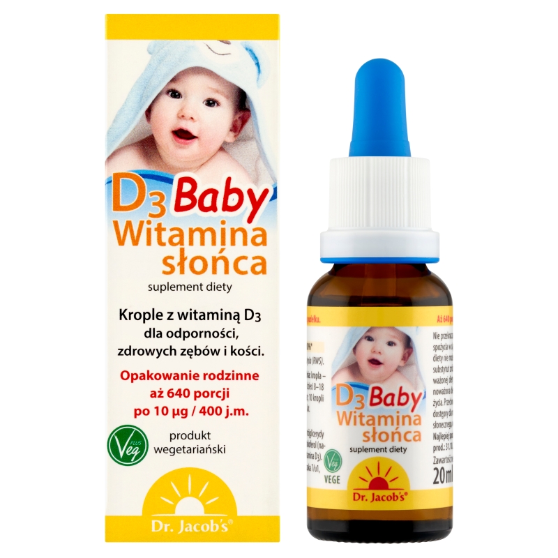 Dr.Jacobs Witamina słońca D3 Baby, krople ze składnikami wspierającymi odporność, zdrowe zęby i kości, 20 ml