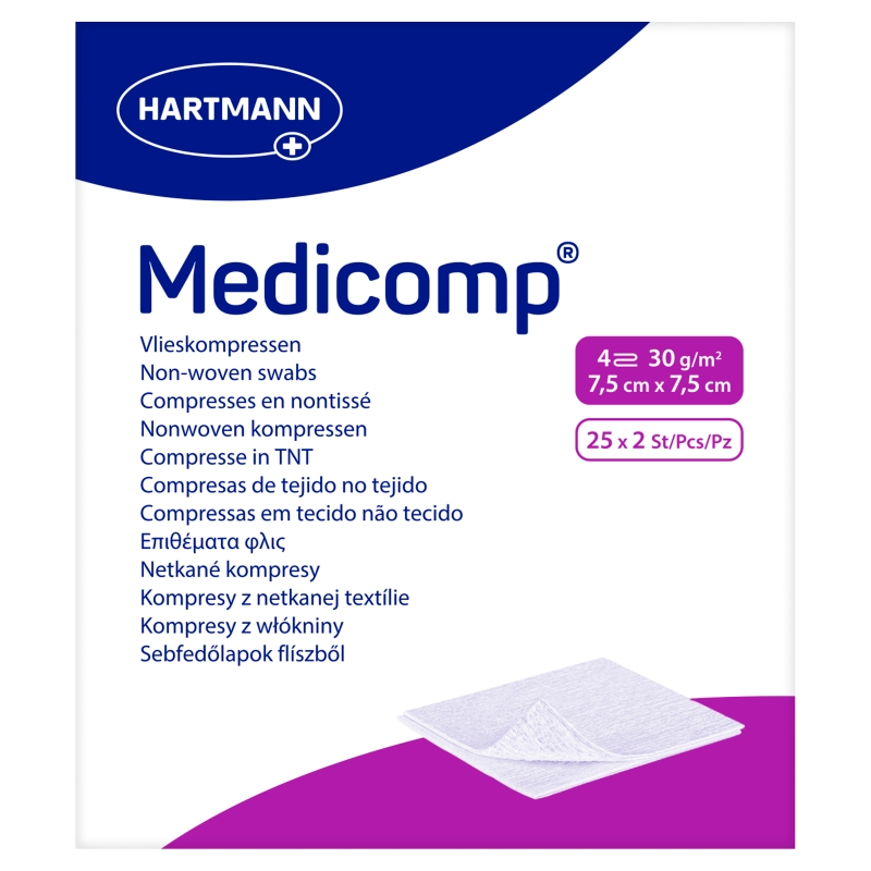 Kompresy MEDICOMP 4 , 4-warstwowe, 7,5 x 7,5 cm z włóknami jałowymi, 50 szt.