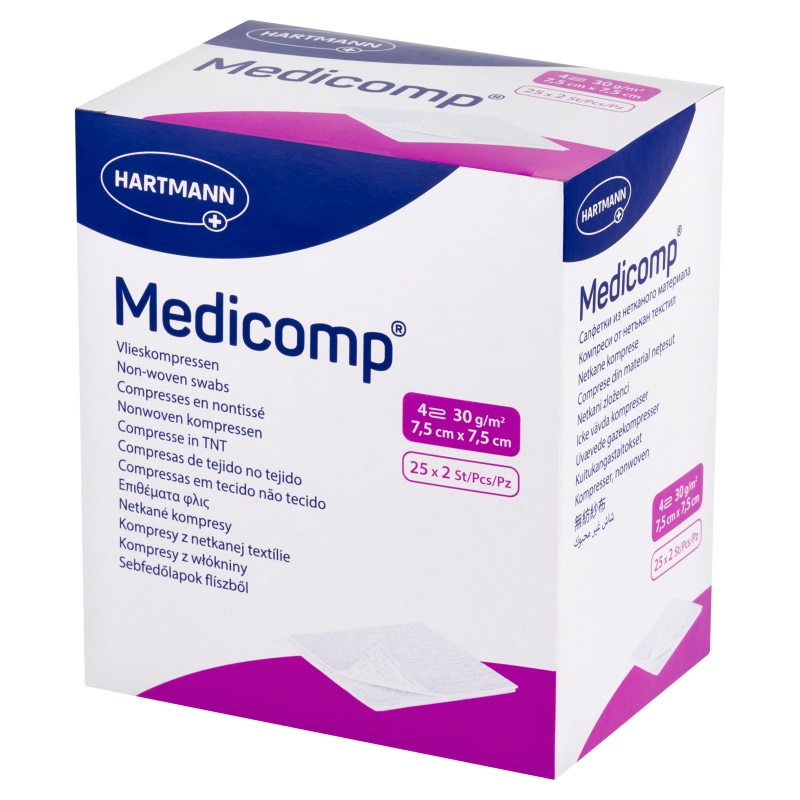 Kompresy MEDICOMP 4 , 4-warstwowe, 7,5 x 7,5 cm z włóknami jałowymi, 50 szt.