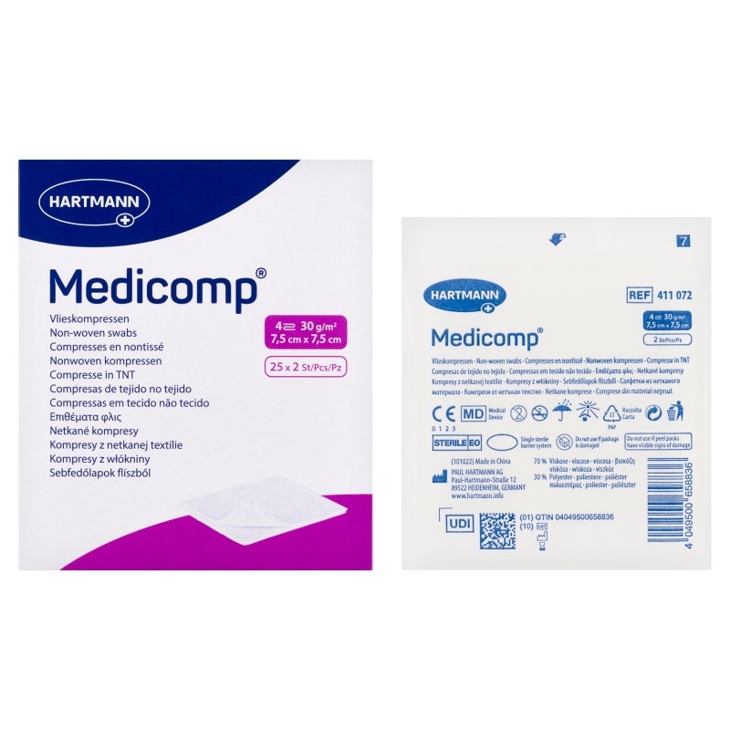 Kompresy MEDICOMP 4 , 4-warstwowe, 7,5 x 7,5 cm z włóknami jałowymi, 50 szt.