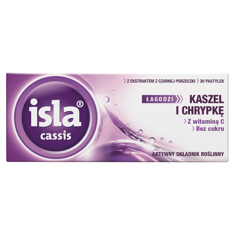 Isla - Cassis, pastylki do ssania na kaszel i chrypkę o smaku porzeczkowym, 30 szt.