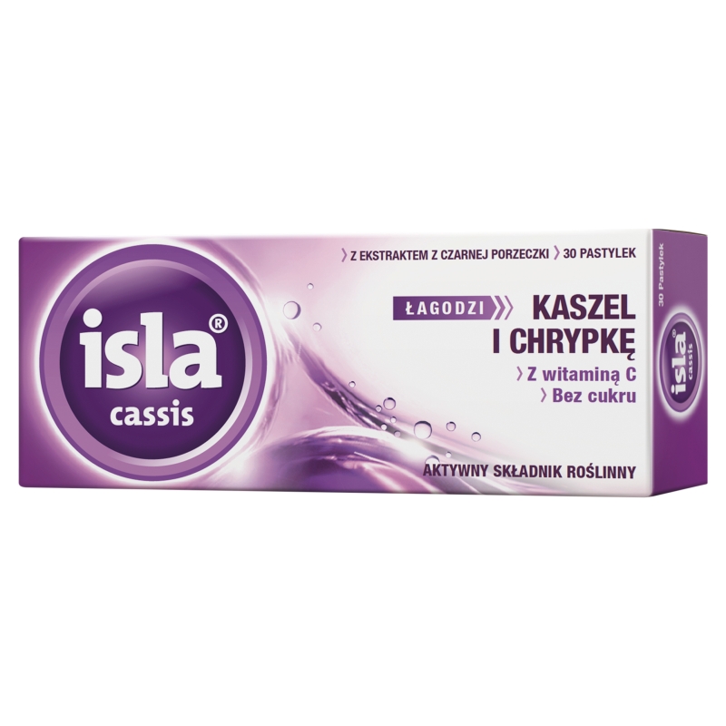 Isla - Cassis, pastylki do ssania na kaszel i chrypkę o smaku porzeczkowym, 30 szt.