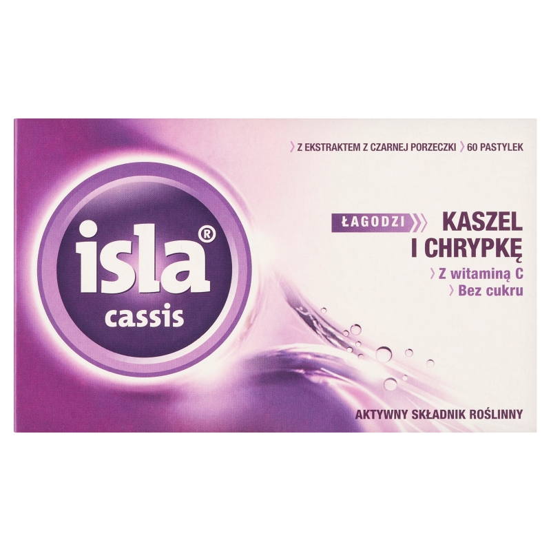 Isla - Cassis, pastylki do ssania na kaszel i chrypkę o smaku porzeczkowym, 60 szt.