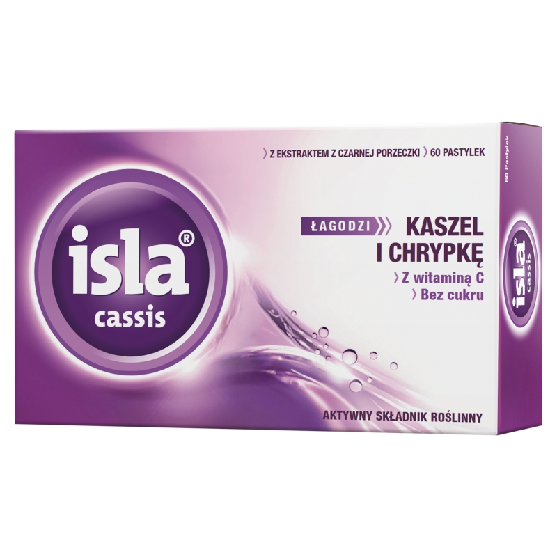 Isla - Cassis, pastylki do ssania na kaszel i chrypkę o smaku porzeczkowym, 60 szt.