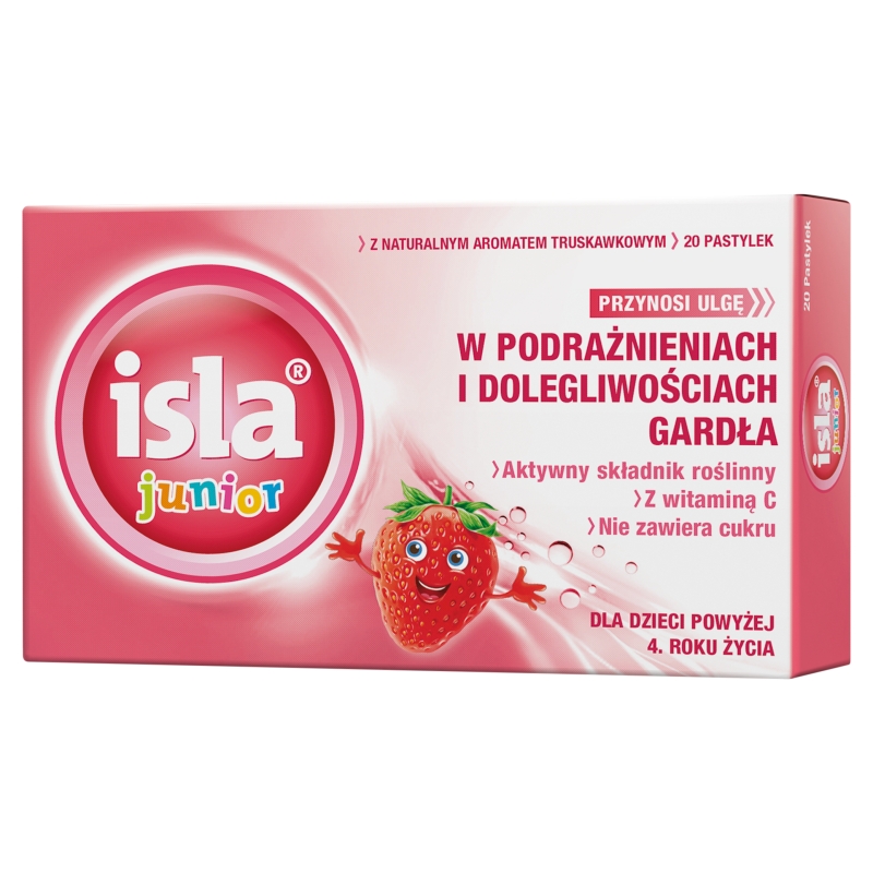 Isla junior, pastylki do ssania na podrażnienia gardła o smaku truskawkowym, 20 szt.