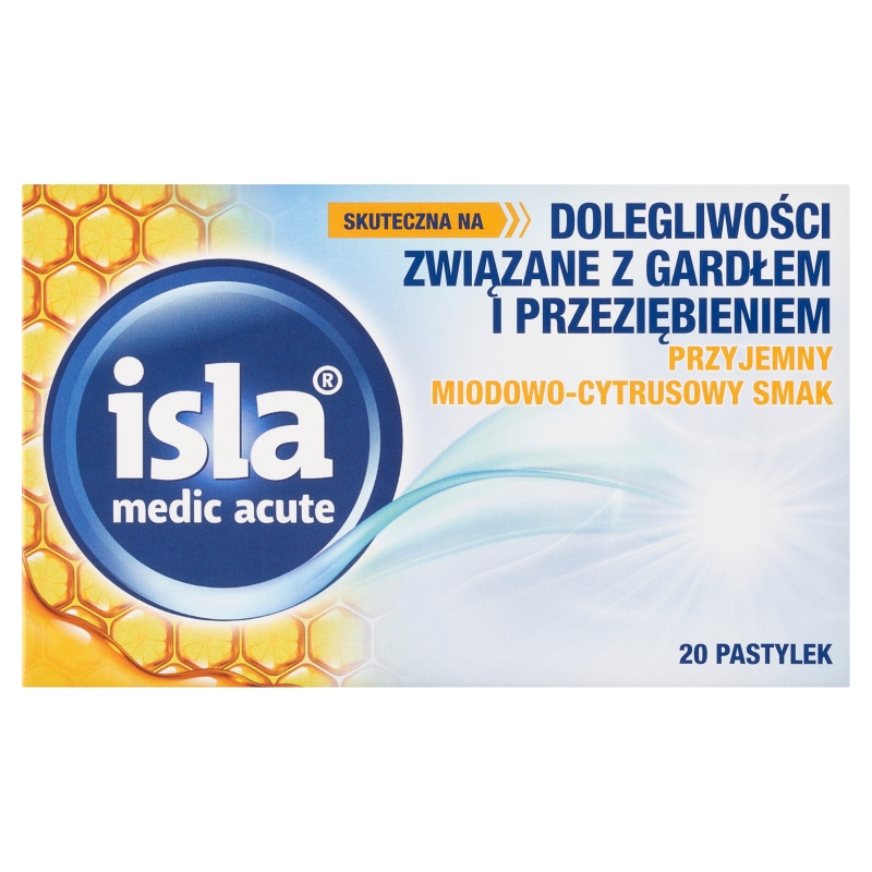 Isla medic acute , pastylki na dolegliwości związane z gardłem i przeziębieniem, o smaku miodowo-cytrusowym, 20 szt.