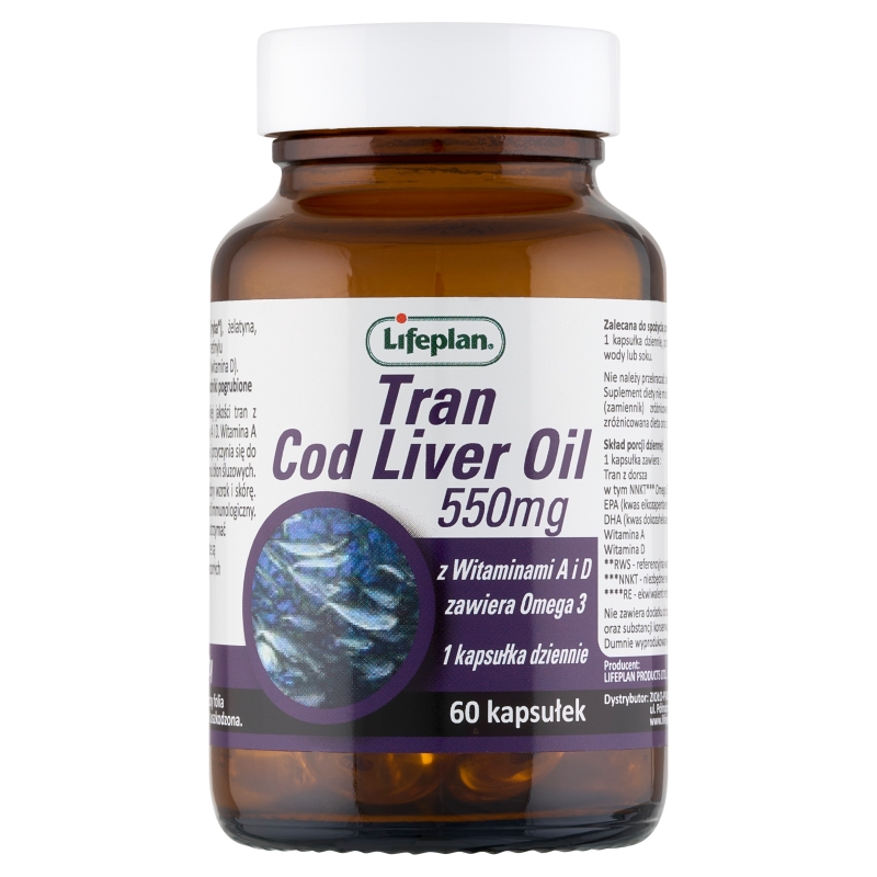 Tran Cod Liver Oil, kapsułki z witaminami A i D oraz Omega 3, 60 szt.
