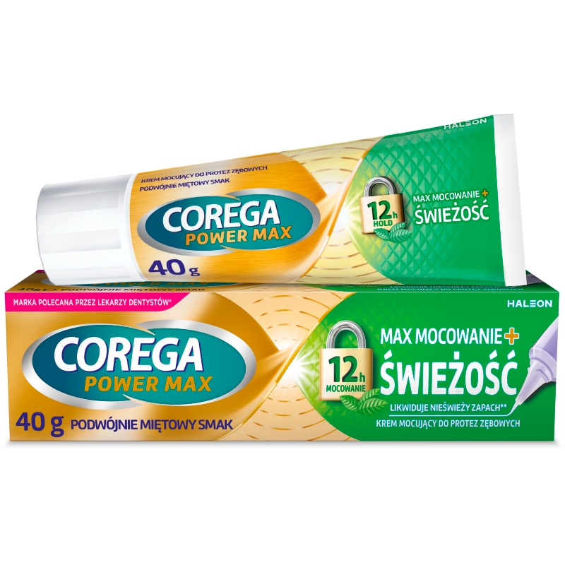 Corega Power Max Mocowanie + Świeżość, Krem mocujący do protez, mocno miętowy, 40 g