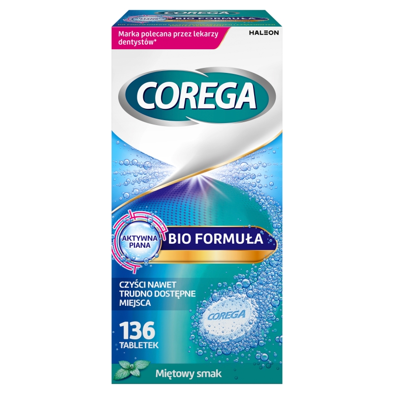 Corega Tabs Bio Formuła, tabletki do czyszczenia protez zębowych, smak miętowy, 136 szt.