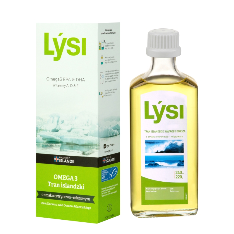 Lysi Tran islandzki, cytrynowo-miętowy, 240 ml
