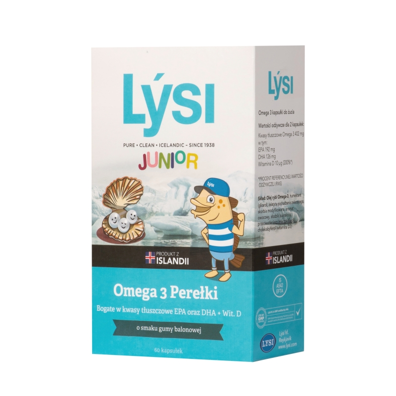 Lysi Junior Omega 3 , perełki o smaku gumy balonowej, 60 szt.
