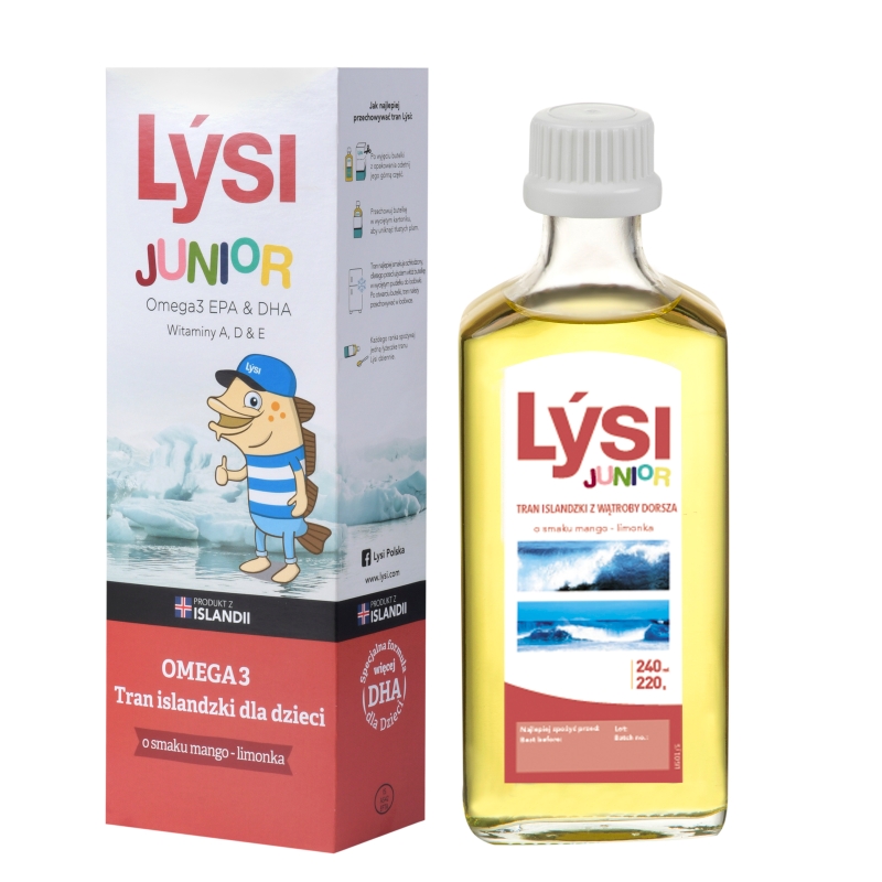 LYSI Tran Islandzki dla dzieci, mango-limonka, 240 ml