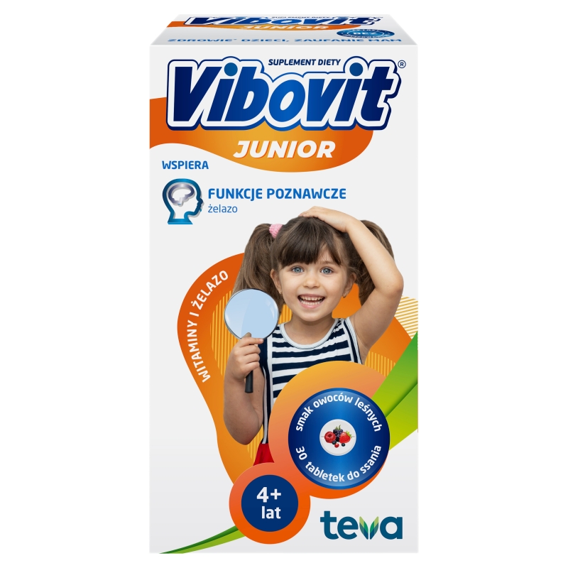 Vibovit Junior Witaminy + Żelazo, tabletki do ssania z witaminami o smaku owoców leśnych, 30 szt.