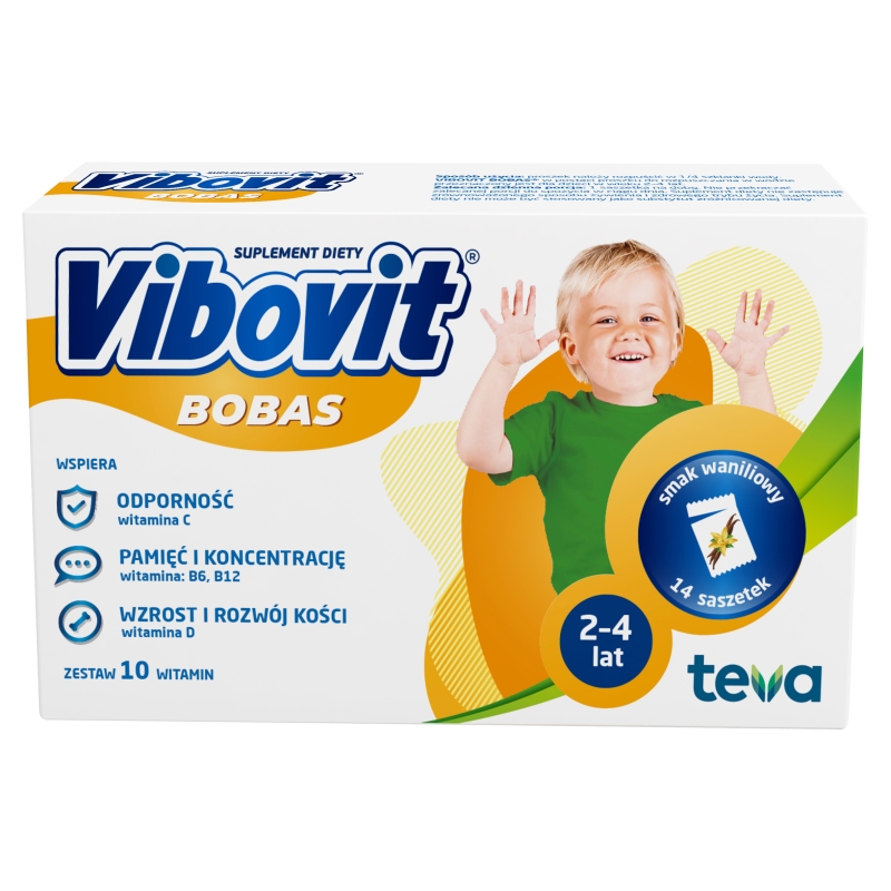 Vibovit Bobas, proszek z witaminą C i D o smaku waniliowym dla dzieci,14 sasz.