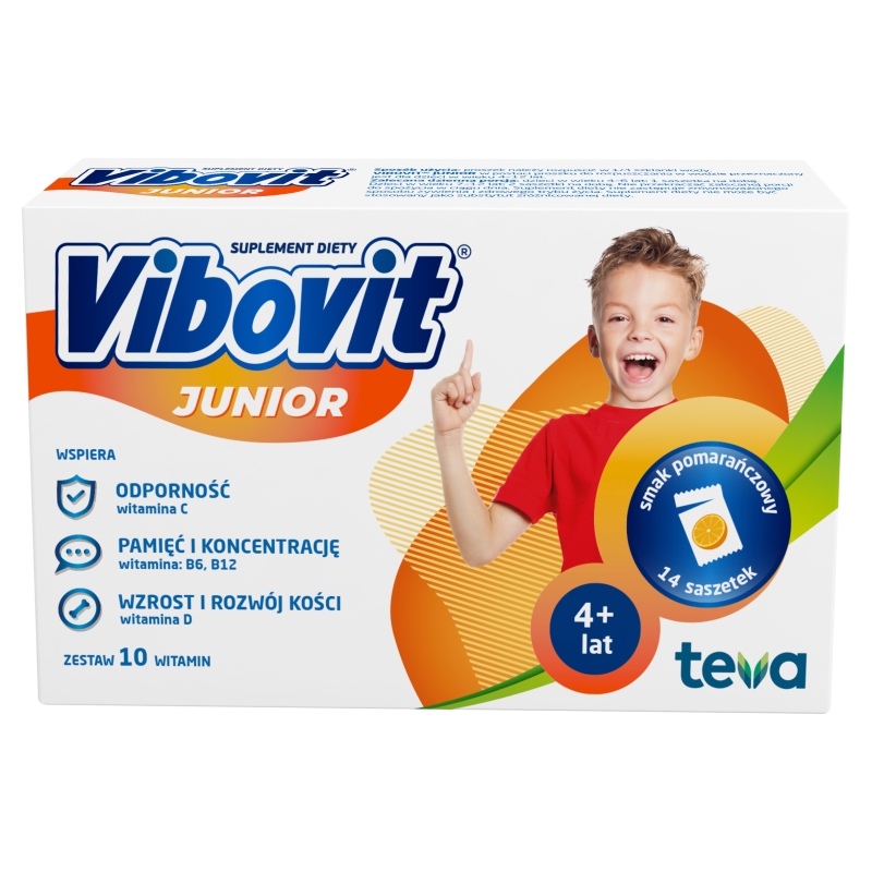 Vibovit Junior proszek w saszetkach z witaminami dla dzieci w wieku 4-7 lat o smaku pomarańczowym, 14 szt.