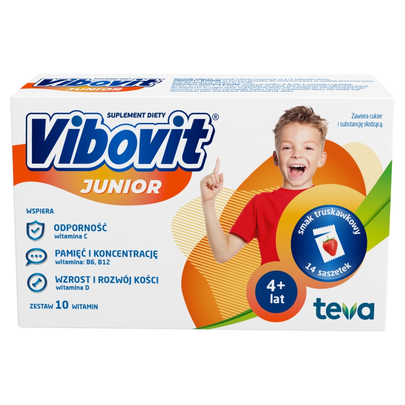 Vibovit Junior proszek w saszetkach o smaku truskawkowym z witaminami dla dzieci w wieku od 4-12 lat, 14 szt.