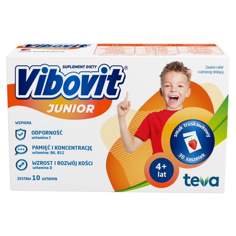 Vibovit Junior proszek z zestawem 10 witamin o smaku truskawkowym, 30 sasz.