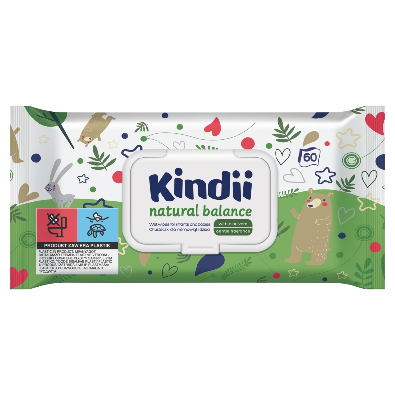Kindii Natural Balance, chusteczki nawilżające, 60 sztuk