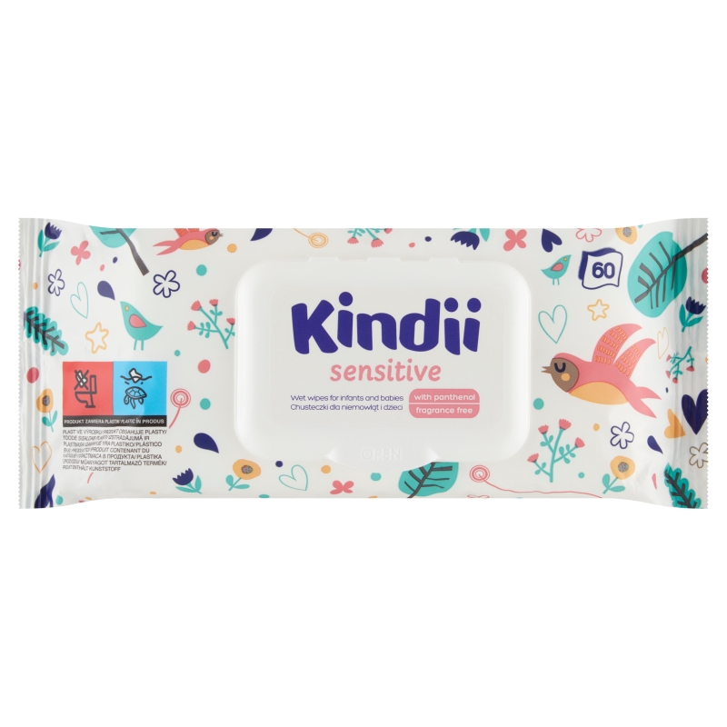 Kindii Sensitive, chusteczki nawilżane dla niemowląt i dzieci, 60 sztuk