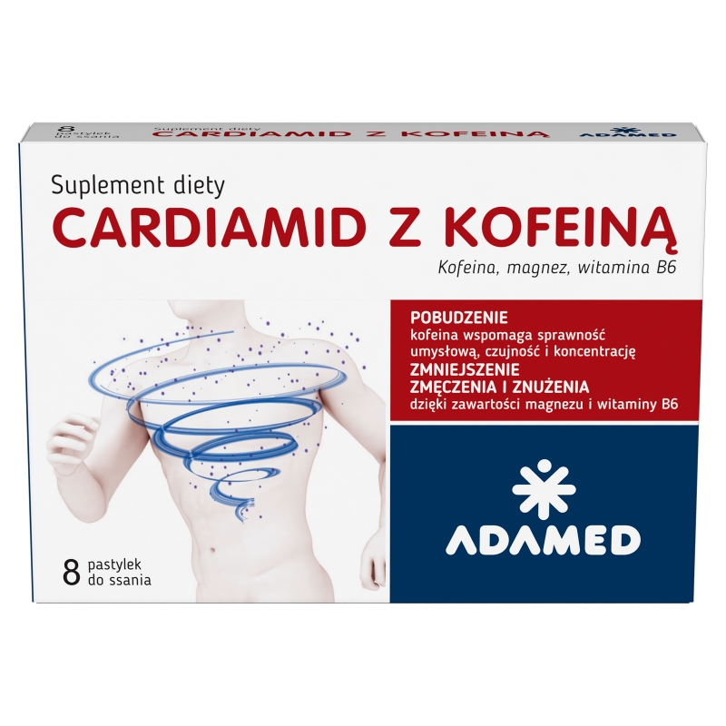 Cardiamid z Kofeiną, pastylki ze składnikami zmniejszającymi uczucie zmęczenia, o smaku cytrusowym, 8 szt.