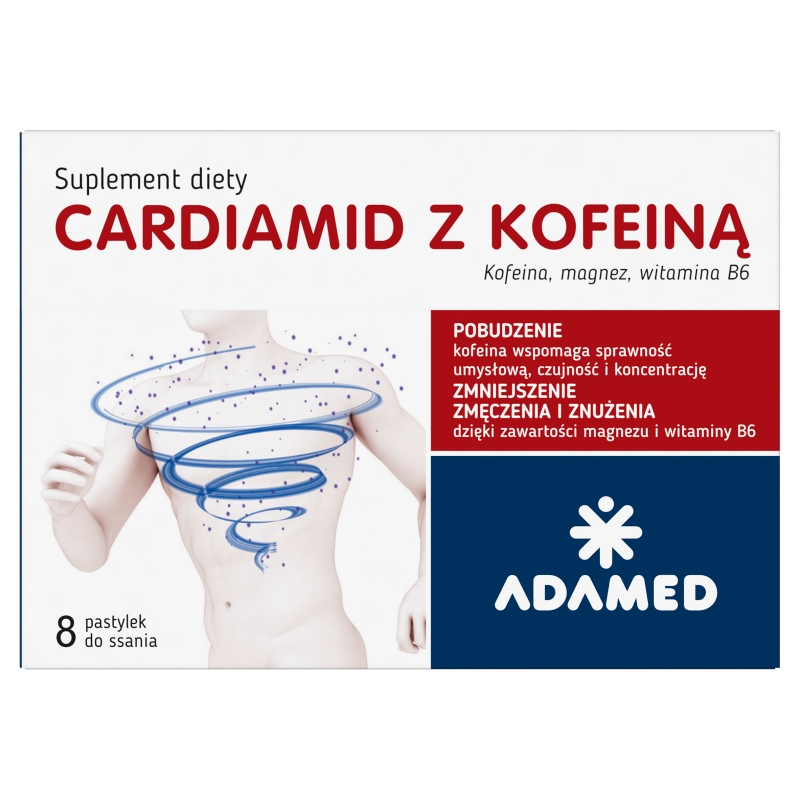 Cardiamid z Kofeiną pastylki ze składnikami zmniejszającymi uczucie zmęczenia, o smaku cytrusowym, 8 szt.