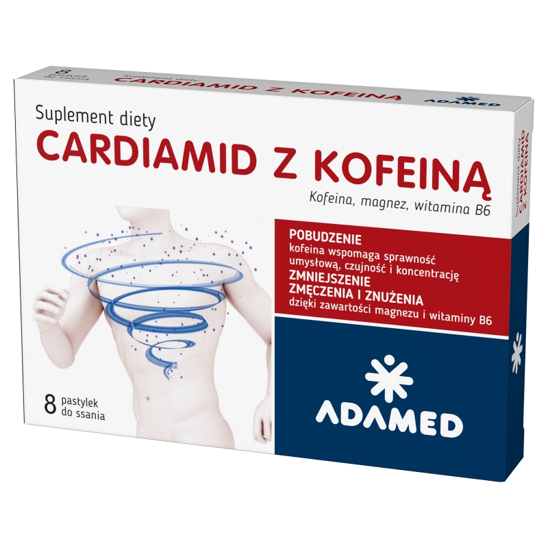 Cardiamid z Kofeiną, pastylki ze składnikami zmniejszającymi uczucie zmęczenia, o smaku cytrusowym, 8 szt.