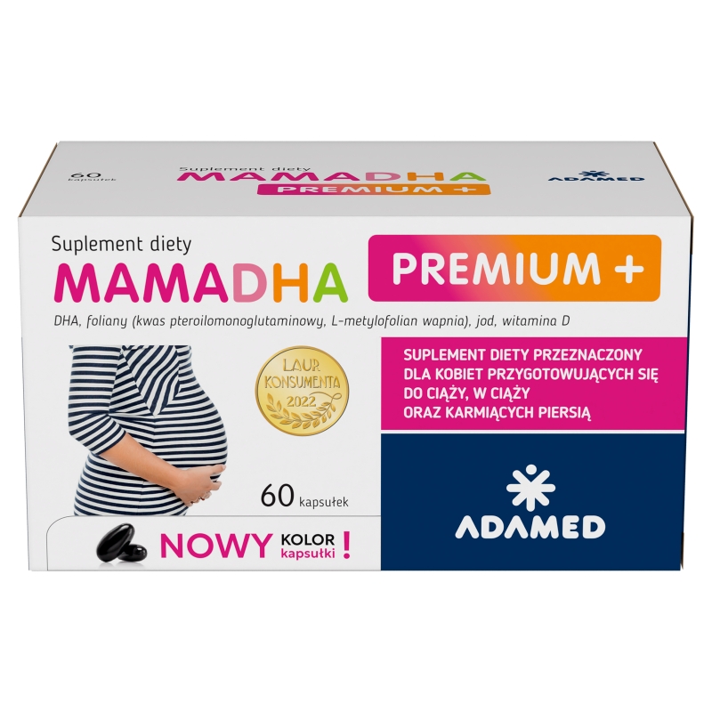 MamaDHA Premium+, kapsułki z kompozycją witamin i minerałów dla kobiet w ciąży, karmiących, 60 szt.