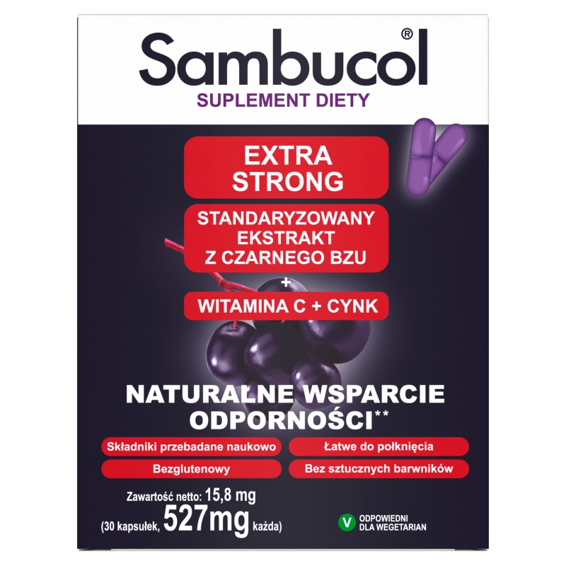 Sambucol Extra Strong, kapsułki ze składnikami wspierającymi układ odpornościowy dla dorosłych, 30 szt.