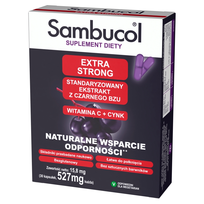 Sambucol Extra Strong, kapsułki ze składnikami wspierającymi układ odpornościowy dla dorosłych, 30 szt.