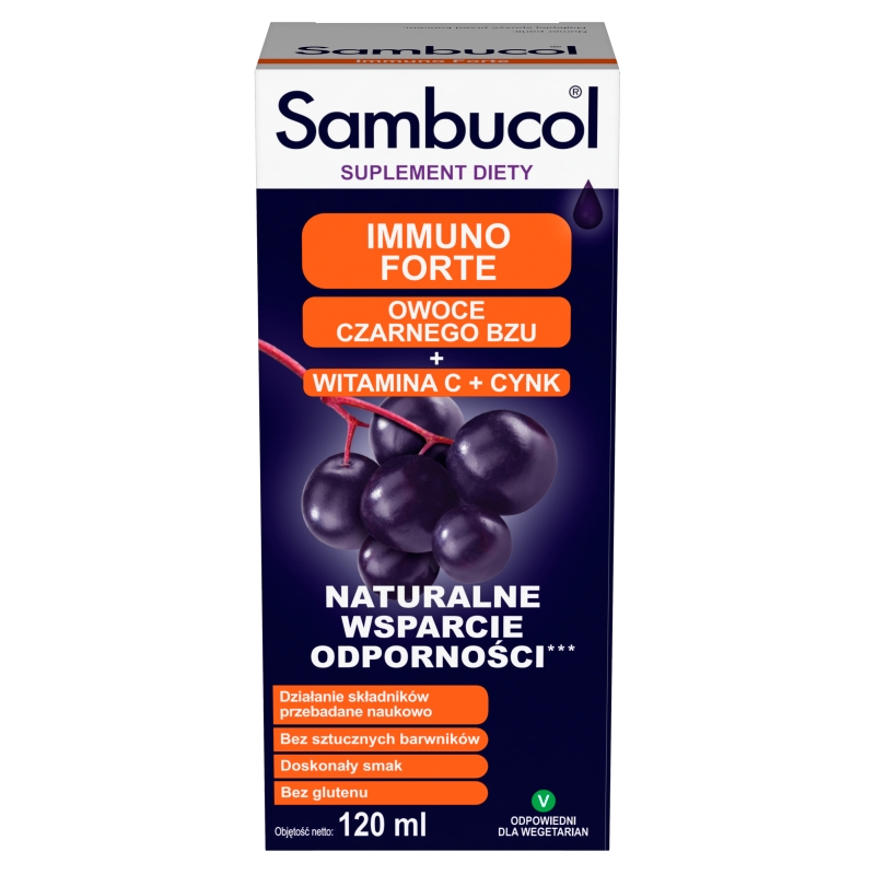 Sambucol Immuno Forte, syrop ze składnikami wspomagającymi odporność, 120 ml