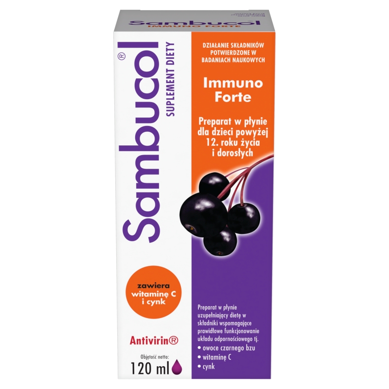 Sambucol Immuno Forte, syrop ze składnikami wspomagającymi odporność, 120 ml