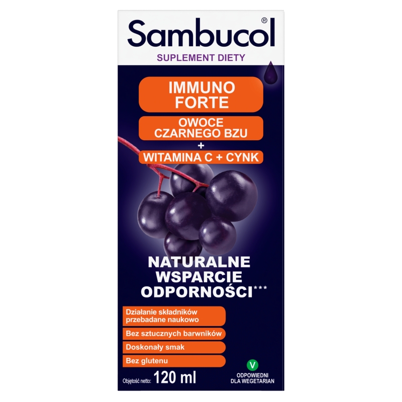 Sambucol Immuno Forte, syrop ze składnikami wspomagającymi odporność, 120 ml