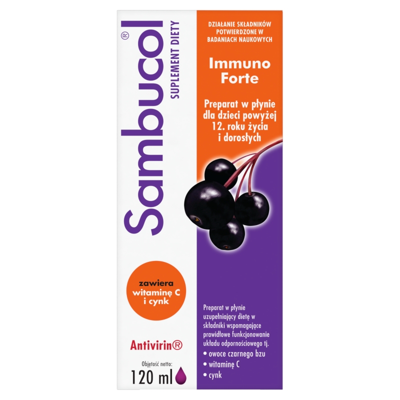 Sambucol Immuno Forte, syrop ze składnikami wspomagającymi odporność, 120 ml