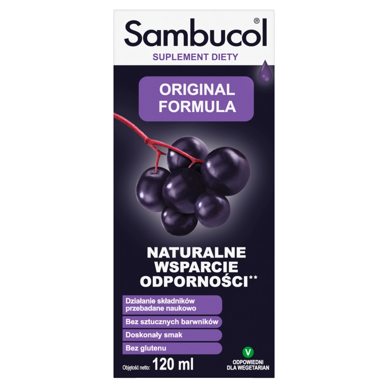 Sambucol Original Formula, płyn ze składnikami wspomagającymi prawidłowe funkcjonowanie układu odpornościowego, 120 ml