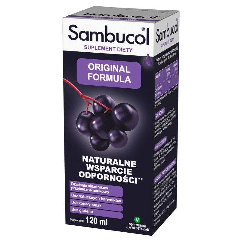 Sambucol Original Formula, płyn ze składnikami wspomagającymi prawidłowe funkcjonowanie układu odpornościowego, 120 ml