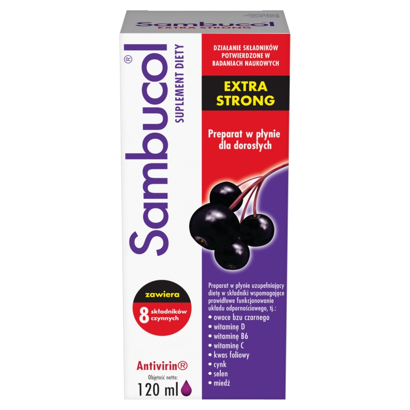 Sambucol Extra Strong, płyn ze składnikami wzmacniającymi odporność dla osób dorosłych, 120 ml