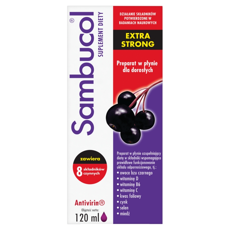 Sambucol Extra Strong, płyn ze składnikami wzmacniającymi odporność dla osób dorosłych, 120 ml