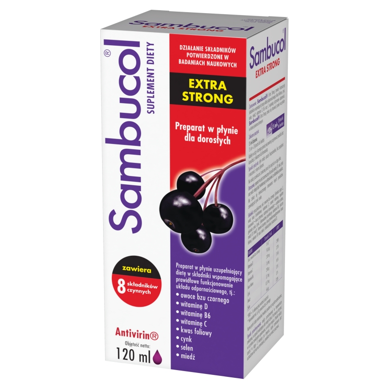 Sambucol Extra Strong, płyn ze składnikami wzmacniającymi odporność dla osób dorosłych, 120 ml