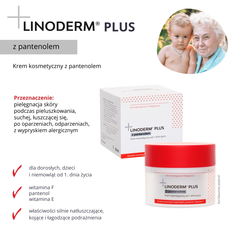 Linoderm Plus z pantenolem, krem natłuszczający do skóry suchej, skłonnej do odparzeń i odleżyn, 50 ml