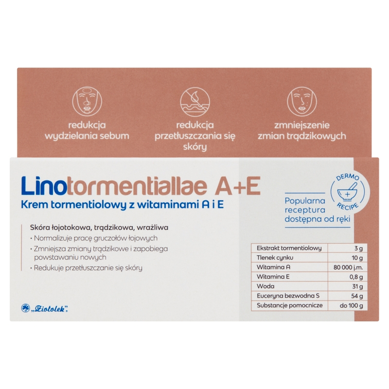 Linotormentiallae A+E Krem tormentiolowy , zmniejszający zmiany trądzikowe, 50 g