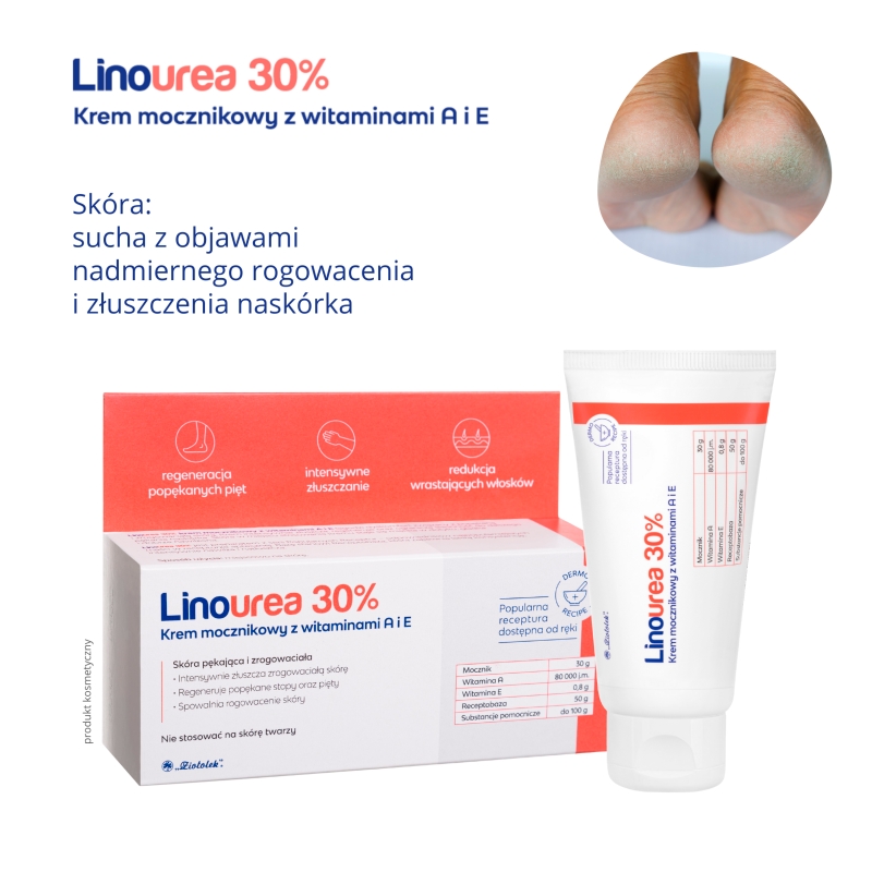 Linourea 30% Krem mocznikowy z wit. A i E , regenerujący popękane pięty, 50 g