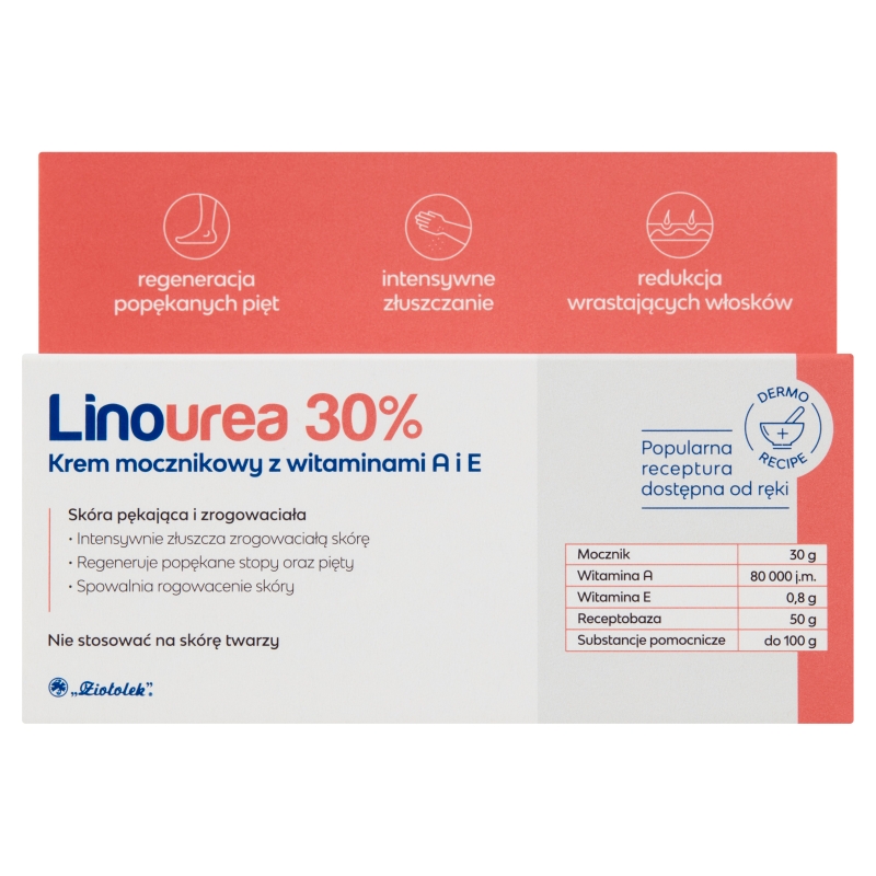Linourea 30% Krem mocznikowy z wit. A i E , regenerujący popękane pięty, 50 g