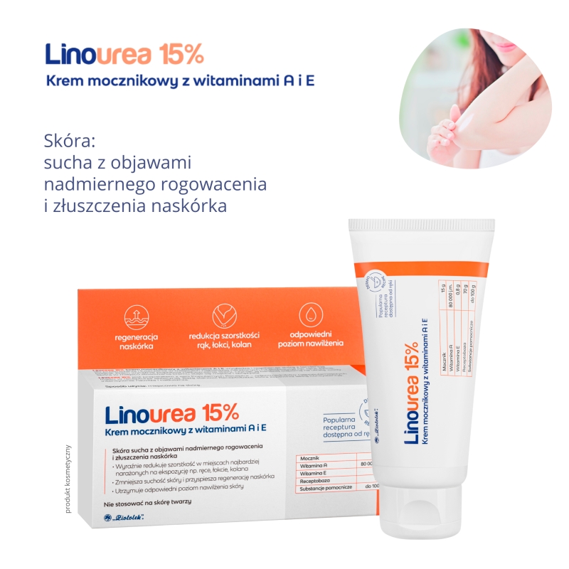 Linourea 15%, krem mocznikowy z wit. A i E redukujący szorstkość rąk, łokci i kolan, 50 g