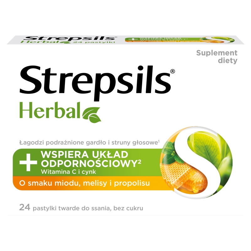 Strepsils Herbal , pastylki z witaminą C i cynkiem o smaku miodu i melisy, 24 szt.