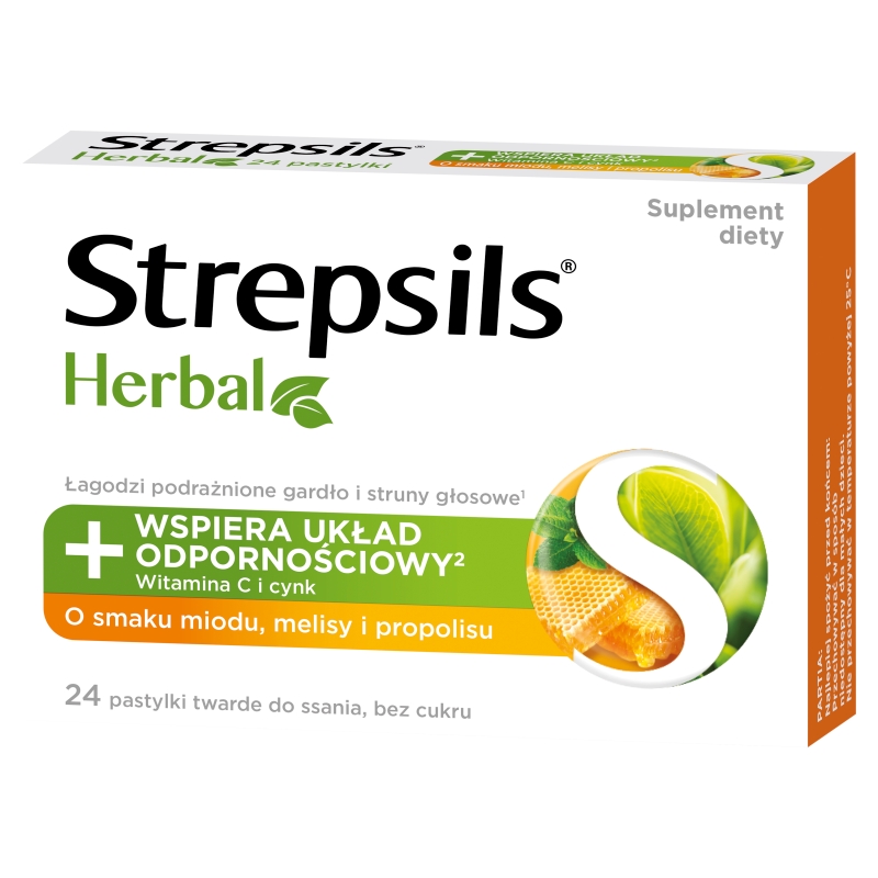 Strepsils Herbal , pastylki z witaminą C i cynkiem o smaku miodu i melisy, 24 szt.